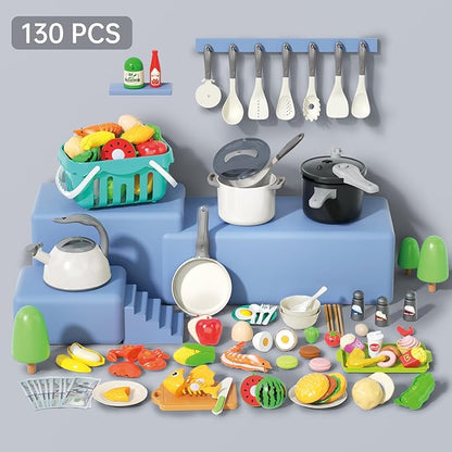 130Pcs Kitchen Playset, Toddler Pretend Cooking Play Pots, Pans, Utensils Cookware, Daily Food Fruit Veges, Shopping Storage Basket, Dessert, Prop Money, Learning Gift for Child （White）