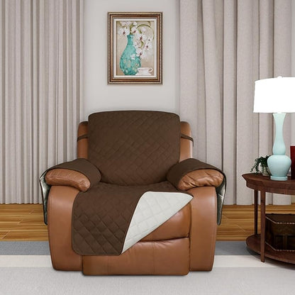 PureFit Reversible Quilted Sofa Cover, Water Resistant Furniture Protector, Washable Couch Cover with Non Slip and Elastic Straps for Kids, Dogs, Pets (Oversized Recliner, Coffee/Ivory)