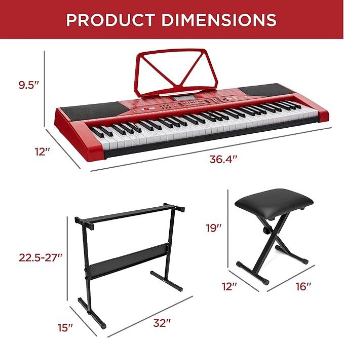 Best Choice Products 61-Key Beginners Complete Electronic Keyboard Piano Set w/Lighted Keys, LCD Screen, Headphones, Stand, Bench, Teaching Modes, Note Stickers, Built-In Speakers - Red