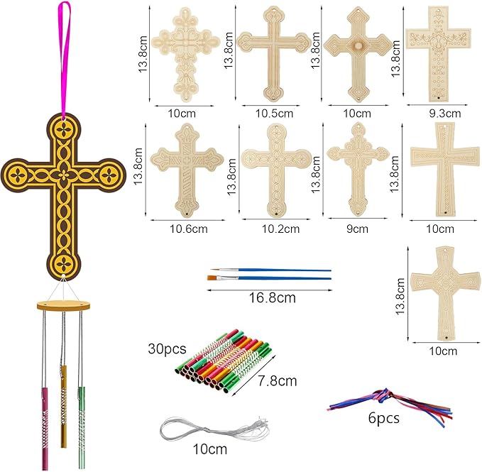Fennoral 9 Pack Cross Wind Chime Kit for Kids Make You Own Easter Cross Wind Chimes DIY Wooden Crafts to Paint for Art Activities Easter Decoration Birthday Gift