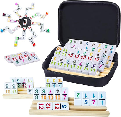BATURU Double 12 Mexican Train Dominoes Set, Dominos Set for Adults - 91 Numer Tiles with Carry Case, Fun Board Games for Adults & Family Game Night, Travel Games, Easter Basket Stuffers (4 Racks)