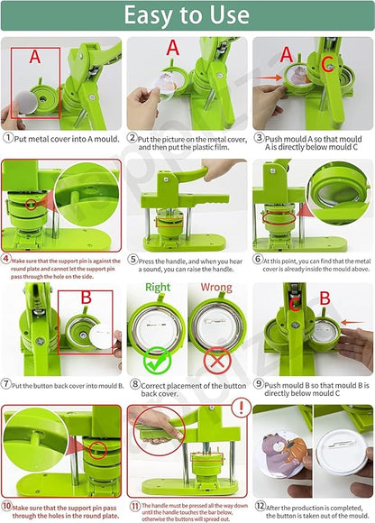 Button Maker Machine, 75mm(3 inch) DIY Pin Button Maker Press Machine Kit, Badge Button Press Machine Pin Maker Machine with Free 100pcs Button Parts&Pictures&Circle Cutter&Magic Book