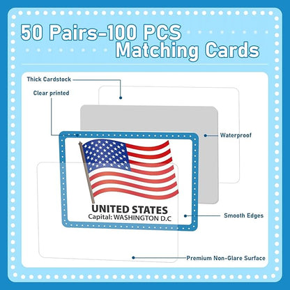 gisgfim 50 Pairs Memory Matching Game Flags of The World Concentration Memory Matching Games for Kids and Adults Learning Educational A Fun & Fast Countries of The World Memory Matching Games