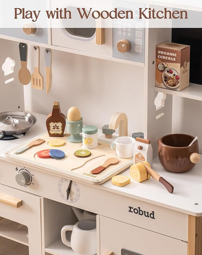 ROBUD 31-Piece Wooden Play Food Set for Kids - Coconut Oats Montessori Kitchen Toys, Educational Pretend Play Dishes with Accessories for Toddlers