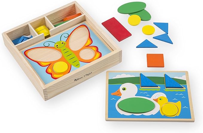 Melissa & Doug Beginner Wooden Pattern Blocks Educational Toy With 5 Double-Sided Scenes and 30 Shapes