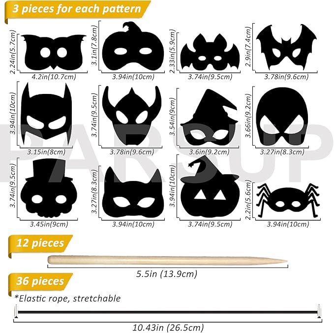 36PCS Halloween Scratch Masks, DIY Rainbow Scratch Paper Mask Art Craft Kit with Bamboo Stylus & Elastic Bands for Magic Scratch Party Favors, Birthday Gifts Pack, Halloween Party for kids