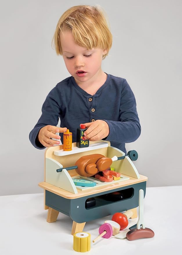Tender Leaf Toys - Barbeque Play Set - 27 Piece Wooden Interactive Barbeque Grill Set with Pretend Play Food and Utensils for Boys and Girls - Great Role-Play Toy - Boost Fine Motor Skills - Age 3+