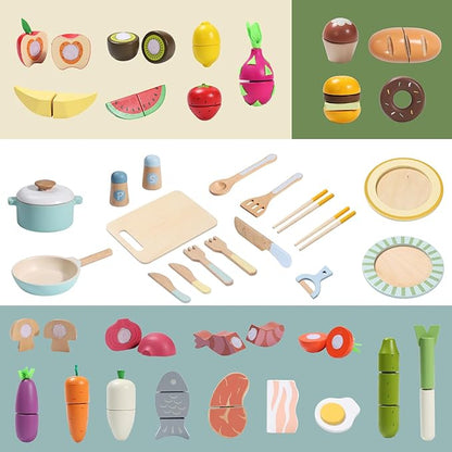Giant bean Wooden Play Food Set, Play Kitchen Accessories, 78 PCS Pretend Cooking Set, Vegetables Fruits Cutting Toys, Dishes, Educational Toddler Toys