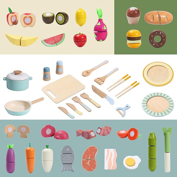 Giant bean Wooden Play Food Set, Play Kitchen Accessories, 78 PCS Pretend Cooking Set, Vegetables Fruits Cutting Toys, Dishes, Educational Toddler Toys