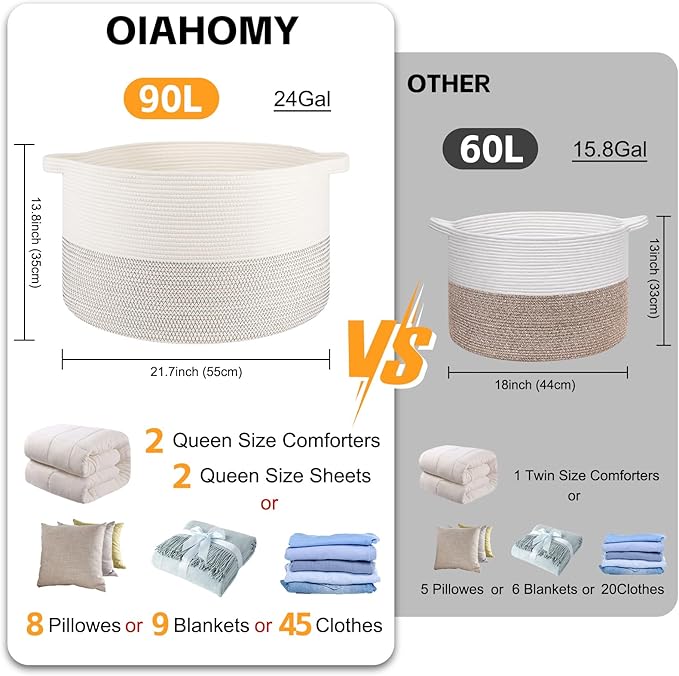 OIAHOMY 90L XXXLarge Blanket Basket for Living Room, 21.7" x 13.8" Woven Cotton Rope Laundry Basket for Organizing Pillows, Decorative Stuffed Animal Toy Storage Bin for Nursery, Black and White