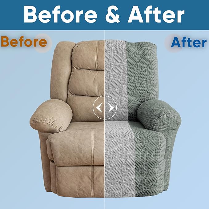 Lavish Cover Jacquard Recliner Chair Cover, Stretch Recliner Slipcover, Lazy Boy Recliner Sofa Protector, Furniture Cover for Pets and Scratches(Recliner,Green+LightGrey)