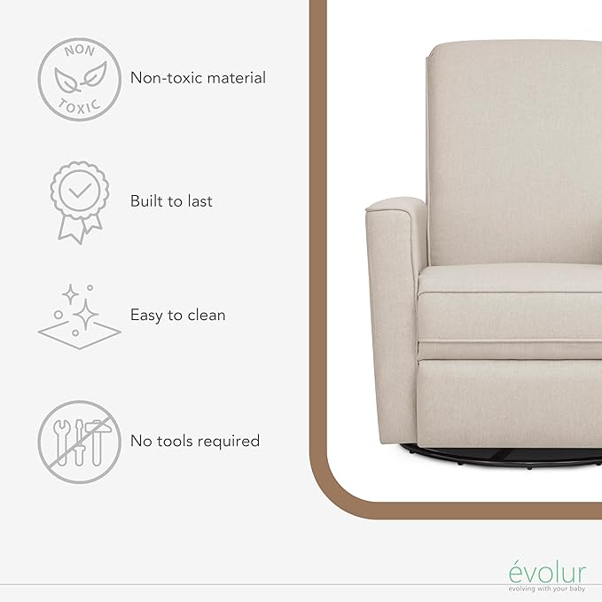 Evolur Raleigh Glider in Light Sand, Upholstered Plush Seating 360° Swivel Glider Rocking Chair, FSC Certified, Greenguard Gold & JPMA Certified Nursery Glider Recliner