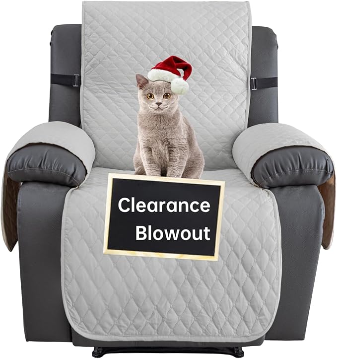 XINEAGE Water Resistant Recliner Cover, Nonslip Recliner Chair Covers for Reclining Chair with Pockets, Quilted Thick Recliner Slipcovers for Pets and Kids (Recliner Chair, Light Gray)