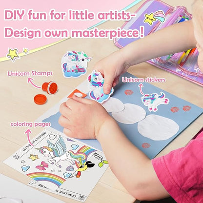 KIDDYCOLOR Unicorn Washable Markers Set 69 pcs with Glitter Pencil Case - Arts and Crafts Coloring Kit for Kids Ages 4-8, Includes Unicorn Stickers - Perfect Gifts for Girls