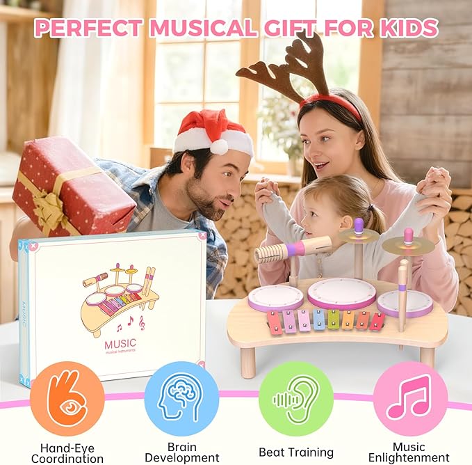 Toddlers Drum Set Toys for 1 2 3 Year Old Girls,Montessori Music Toy for Toddlers 1-3,Baby Drum with Xylophone,Musical Instruments Toy, Kids Birthday Gifts for Baby 18+ Months (Pink)