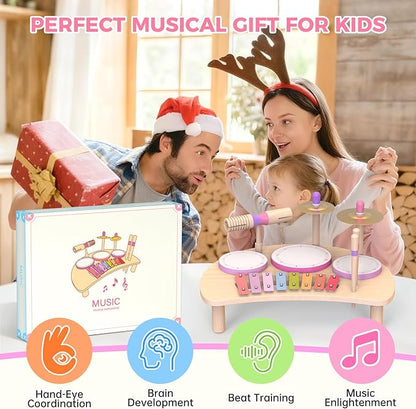 Toddlers Drum Set Toys for 1 2 3 Year Old Girls,Montessori Music Toy for Toddlers 1-3,Baby Drum with Xylophone,Musical Instruments Toy, Kids Birthday Gifts for Baby 18+ Months (Pink)