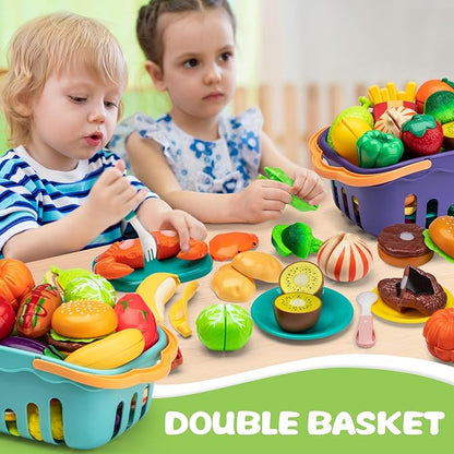 Cutting Play Food Toy For Multiple Kids with 2 Colors Storage Baskets(Purple&blue), 115 pcs Fake Food/Fruit/Vegetable for Toddler Pretend Kitchen Accessories, Boy Girl Classroom Learning/Birthday Gift