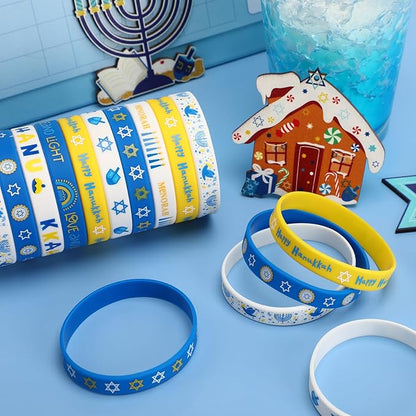 JUNEBRUSHS 24Pcs Hanukkah Silicone Rubber Wristbands Bracelets for Hanukkah Decorations Party Favors Jewish Holiday Kids Goodie Bag Fillers Supplies(8 Designs)