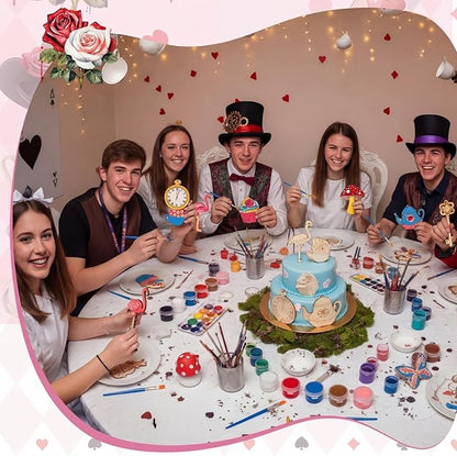 Saypacck 24 Pcs Wonderland Party Favors Wooden Painting Craft Kits Birthday Party Supplies with Organza Bag for Goodie Bags Fillers Adult Thank You Gifts