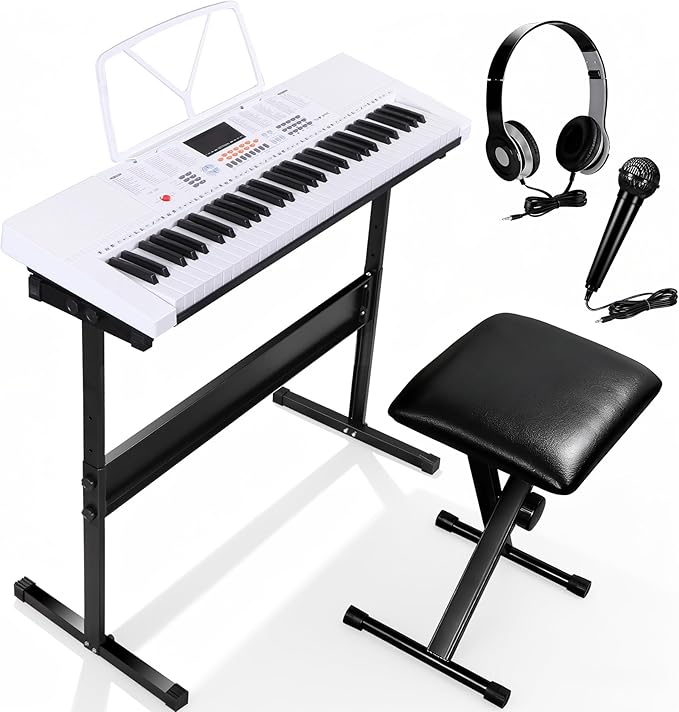 Smartxchoices 61-Key Electronic Keyboard Piano Stand Portable LED Display Keyboard Kit with Adjustable Stand, Adjustable Stool, Headphones, Microphone & Music Rest, White