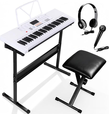 Smartxchoices 61-Key Electronic Keyboard Piano Stand Portable LED Display Keyboard Kit with Adjustable Stand, Adjustable Stool, Headphones, Microphone & Music Rest, White