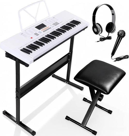 Smartxchoices 61-Key Electronic Keyboard Piano Stand Portable LED Display Keyboard Kit with Adjustable Stand, Adjustable Stool, Headphones, Microphone & Music Rest, White