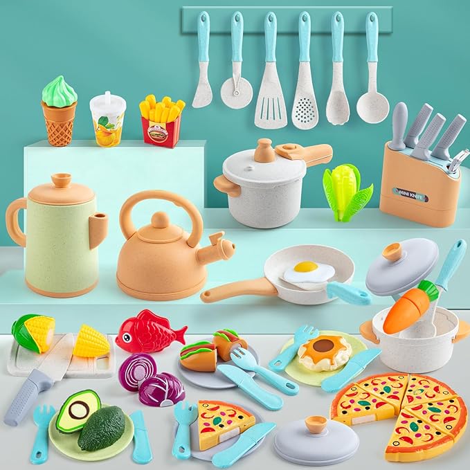 Sundaymot Play Kitchen Accessories Toddler Pretend Cooking Play Pots, with Apron, Toys Pots and Pans, Dishes Cookware Toys, Pre School Learning Educational Toys, Birthday Gifts for Boys and Girls