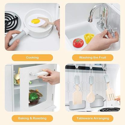 Fireflowery Kids Kitchen Playset, Toddler Kitchen w/Simulated Sound, Accessory Utensils, Blackboard, Sink, Stovetop, Cabinets, Pretend Play Kitchen, Gift for Ages 3+ (Classic)