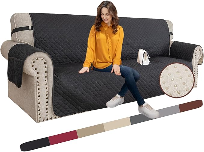 XINEAGE Quilted Sofa Cover Waterproof Couch Covers for 3 Cushion Couch, Super Soft Washable Slipcover with Pockets & Non-Slip Elastic Straps, Thick Furniture Protector (Sofa, Black)