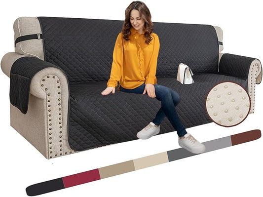 XINEAGE Quilted Sofa Cover Waterproof Couch Covers for 3 Cushion Couch, Super Soft Washable Slipcover with Pockets & Non-Slip Elastic Straps, Thick Furniture Protector (Sofa, Black)