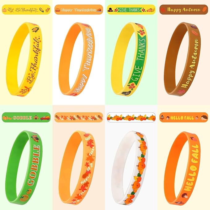 JUNEBRUSHS 24Pcs Thanksgiving Silicone Bracelets Rubber Wristbands Fall Party Favors for Kids Decorations for Autumn Thanksgiving Party Kids Stuffers Filler Accessories Gifts Supplies