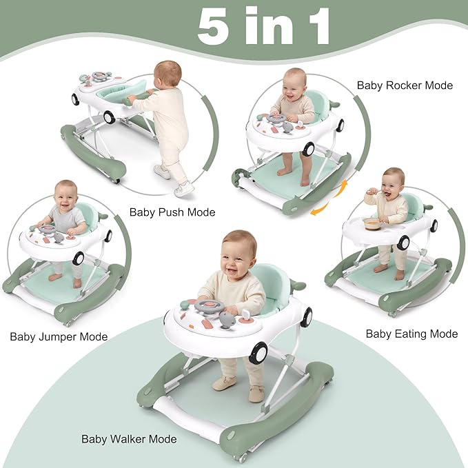 5-in-1 Convertible Baby Walker with Steering Wheel Music Activity Center – Infant Rocker, Jumper, Push Walker, Bouncer & Feeding Foldable Walker for Ages 6-18 Months Boys Girls (Mint)