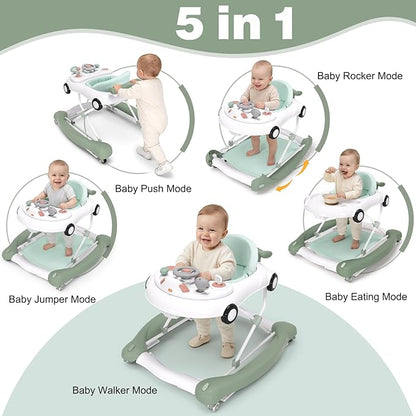 5-in-1 Convertible Baby Walker with Steering Wheel Music Activity Center – Infant Rocker, Jumper, Push Walker, Bouncer & Feeding Foldable Walker for Ages 6-18 Months Boys Girls (Mint)