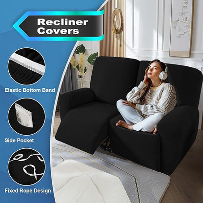 JIVINER 4 Pieces Recliner Loveseat Covers Stretch Recliner Sofa Slipcover with Elastic Bottom Jacquard Fitted Reclining Couch Cover Furniture Protector with Pockets (2 Seater, Black)