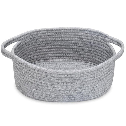 ABenkle Small Basket, 12"x 8" x 5" Cute Small Woven Basket, Rope Room Shelf Storage Basket, Cat Dog Toys Basket Chest Box, Decorative Empty Gift Basket with Handles - All Gray
