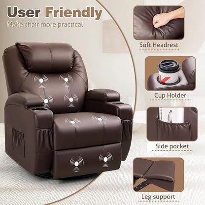 Recliner Chair, 360° Swivel Rocker Chair for Adults, Rocking Recliner Chair with Massage, Comfy Single Sofa with Side Pockets Cup Holders for Living Room, Bedroom, Nursery (Leather, Dark Brown)