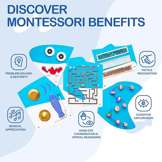 Monläurd® Shark Montessori Busy Sensory Educational Activity Cube, Wall Furniture, Interactive Wooden Learning Toys for Boys and Girls 6M+