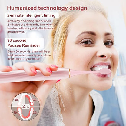 Electric Toothbrush for Adults and Kids, Sonic Electric Toothbrush, 4 Modes and 2 Minute Timer, 30000-45000VPM Power Toothbrush, IPX8, One Charge for 90 days 8 Replacement Head, Christmas Gift (Pink)