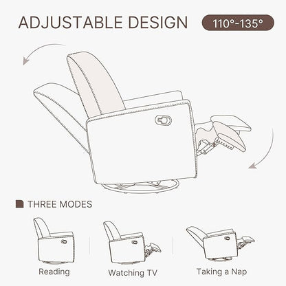 Upholstered Recliner Swivel Glider Nursery Chair Reclining Performance Fabric Rocker with Metal Base,Basketweave,Oat