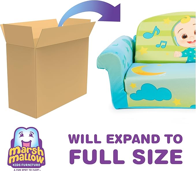 MARSHMALLOW Furniture, Cocomelon 3-in-1 Slumber Sofa Baby Lounger, Convertible Kids Couch, Sofa Bed & Foam Toddler Nap Mat with Attached Blanket