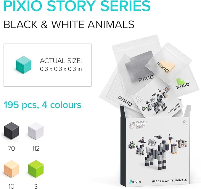 PIXIO Magnetic Cubes - Black & White Animals - Magnetic Cubes Building Toys in Pixel Art Style - Animal Figures - Arts and Crafts Kids Toys - Building Blocks - Learning Toys - 195 pcs