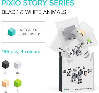 PIXIO Magnetic Cubes - Black & White Animals - Magnetic Cubes Building Toys in Pixel Art Style - Animal Figures - Arts and Crafts Kids Toys - Building Blocks - Learning Toys - 195 pcs