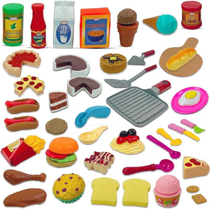 50 PCS Kids Deluxe Pretend Play Food Set with Kitchen Tools, Breakfast, Fast Food, Ice Cream & Desserts - Fun & Interactive Gourmet Toy Assortment Playset for Imaginative Play