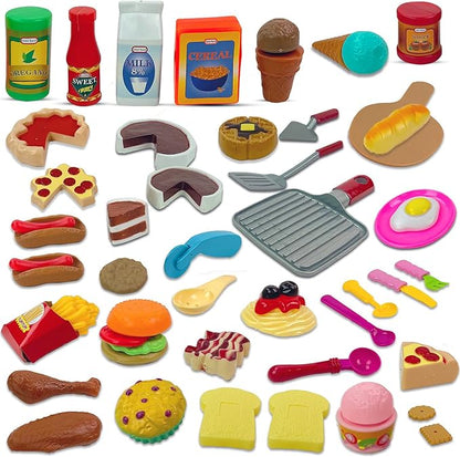 50 PCS Kids Deluxe Pretend Play Food Set with Kitchen Tools, Breakfast, Fast Food, Ice Cream & Desserts - Fun & Interactive Gourmet Toy Assortment Playset for Imaginative Play