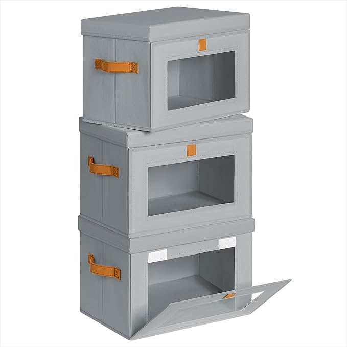 Homsorout Small Fabric Storage bins - Collapsible Storage Bins with Open Window, 3 Pack Closet Baskets for Shelves, Stackable Decorative Boxes for Home, Dorm, Grey, 13.7"x 9.8" x 9.8"