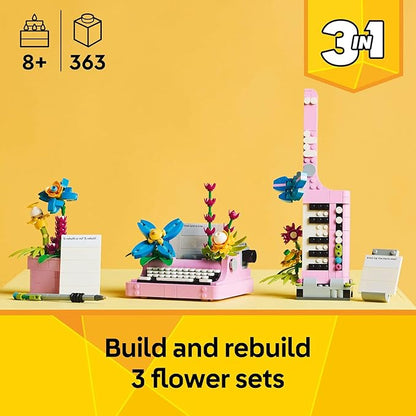LEGO Creator 3 in 1 Typewriter with Flowers - Building Toy with 3 Building Options, Typewriter, Flowerpot with Pen & Notebook, or Keytar - Gift Idea for Birthdays - 31169