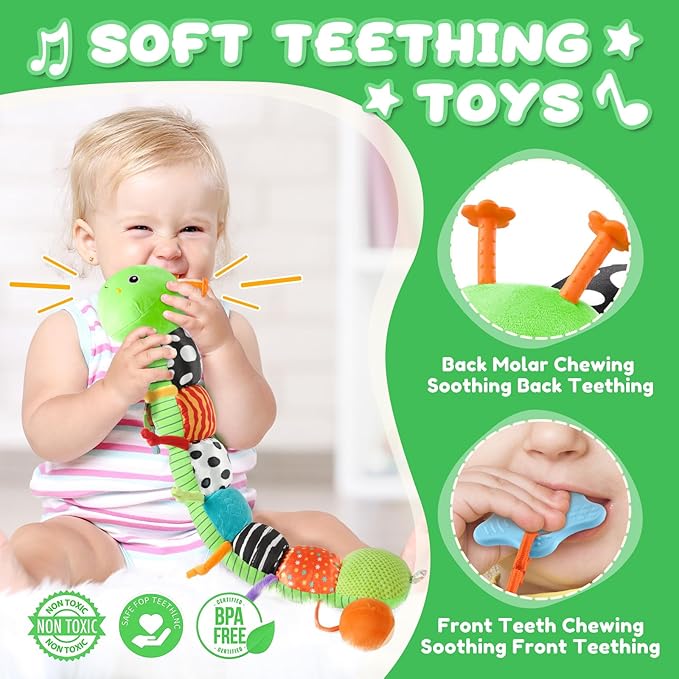 AWOTOY Baby Toys 0-6-12 Months,Musical Caterpillar Stuffed Animals Activity Infant Toys with Crinkle,Rattles,Mirror&Pull String,Muti-Sensory Toys Gifts for Newborn Tummy Time,Green,Knot prolegs