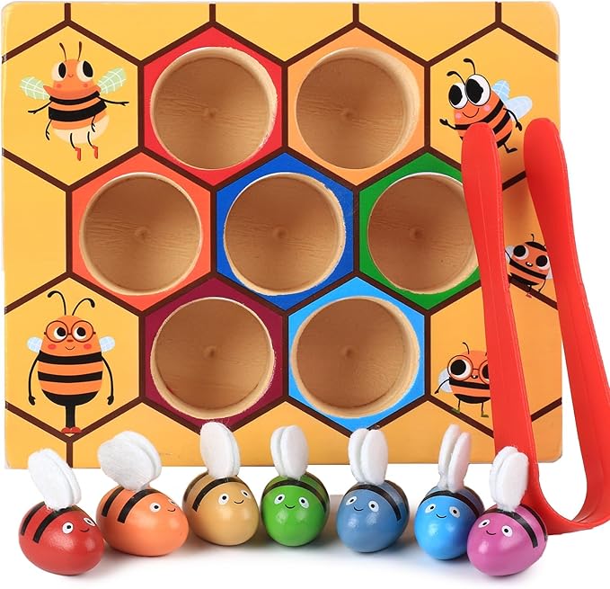 Toddler Fine Motor Skill Toy, Bee to Hive Matching Game, Montessori Wooden Color Sorting Matching Toy, Preschool Educational Learning Toys Gift for Toddler 3 Years Old