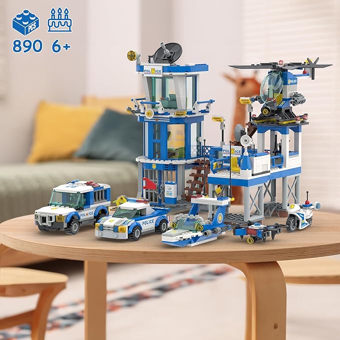 City Police Station Toy Building Set - 890 Pieces Helicopter, Police Car and Truck, Patrol Boat, Coast Guard Headquarter Toy - Ideal Creative Roleplay Gift for Kids, Boys, and Girls Ages 6-14