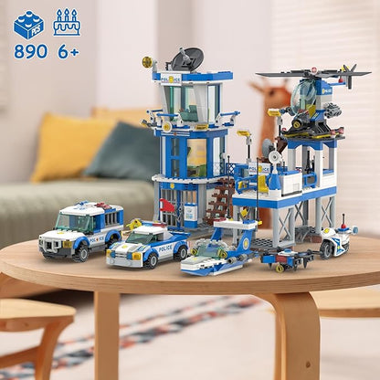 City Police Station Toy Building Set - 890 Pieces Helicopter, Police Car and Truck, Patrol Boat, Coast Guard Headquarter Toy - Ideal Creative Roleplay Gift for Kids, Boys, and Girls Ages 6-14